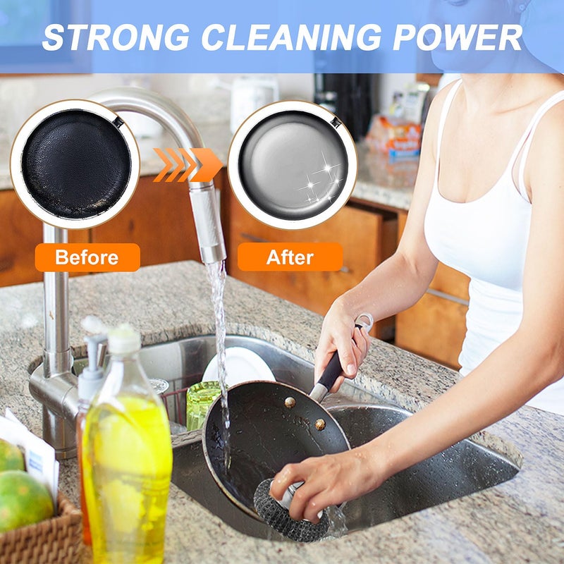 Ahardaim 2Pcs Stainless Steel Wool Scrubber with Handle, 4 Replacement Steel Scrubber Wool Pads，Stainless Steel Scrubber for Cleaning Cast Iron, Dishes, Kitchen Pots, Pans, Grills, Stoves, Sink - Image 4